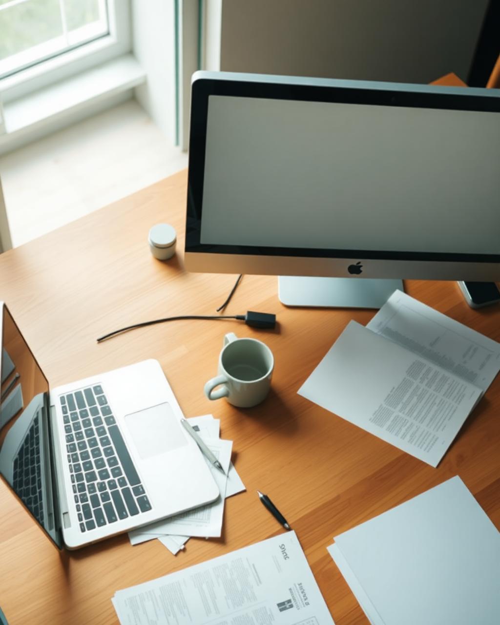 Desktop monitor, laptop, paperwork, and a coffee mug on a wooden office desk